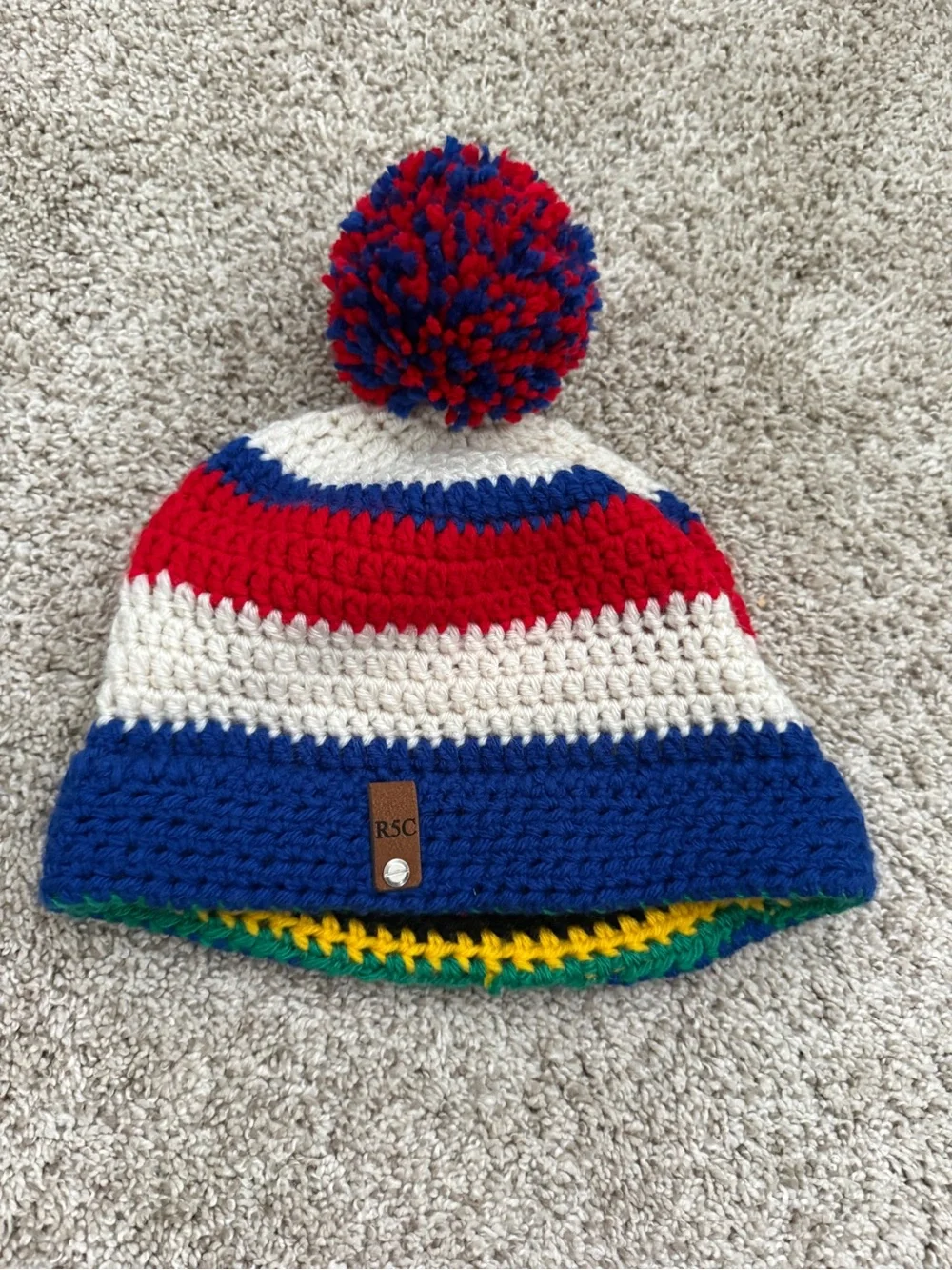 Crochet Pom Beanie in Red, White & Blue